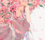  1girl arm_up capelet drawr flower from_side long_hair long_sleeves nucco original pink_hair profile solo upper_body 