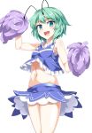  1girl :d antennae bare_arms bare_shoulders blue_eyes blush cheerleader cowboy_shot e.o. green_hair highres looking_at_viewer midriff miniskirt navel open_mouth pom_poms short_hair skirt small_breasts smile solo touhou wriggle_nightbug 