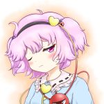  1girl alternate_hairstyle blush hair_bobbles hair_ornament hairband heart komeiji_satori looking_at_viewer mofu_mofu one_eye_closed pink_eyes pink_hair shirt solo third_eye touhou twintails upper_body 