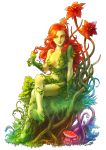  1girl aken breasts cleavage crossed_legs curly_hair dc_comics flower gloves green_eyes green_skin high_heels highres leaf long_hair looking_to_the_side mushroom poison_ivy redhead sitting smile solo vines 