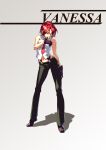  1girl blue_eyes boots character_name contrapposto full_body highres king_of_fighters lolik long_legs navel necktie pants redhead short_hair sleeveless solo suspenders vanessa_(king_of_fighters) 