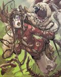  1girl blush copyright_name highres long_hair looking_at_viewer monster monster_girl navel open_mouth original sharp_teeth skull_print stitches sword very_long_hair violet_eyes weapon whoopin 