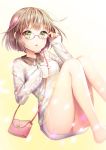  1girl :o adjusting_glasses bag bare_legs blush brown_hair glasses green_eyes knees_up lace legs long_sleeves looking_at_viewer original red-framed_glasses saban short_hair sleeves_past_wrists solo 