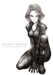  1girl avengers black_widow bodysuit breasts marvel monkey_rider monochrome natasha_romanoff short_hair solo squatting 