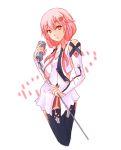  1girl bare_shoulders breasts cowboy_shot detached_sleeves guilty_crown hair_ornament hairclip highres long_hair looking_at_viewer microphone microphone_stand pink_hair red_eyes smile solo thigh-highs twintails vintage_microphone yuzuriha_inori 