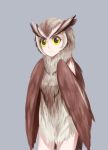  1girl bird black_eyes commentary eyebrows feathered_wings harpy highres jiffic monster_girl no_hands original owl smile solo thick_eyebrows wings yellow_sclera 