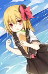  1girl blonde_hair blue_sky bow clouds crepe hair_bow looking_at_viewer ocean red_eyes rumia shirt short_sleeves skirt skirt_set sky solo touhou vest yuuhagi_(amaretto-no-natsu) 