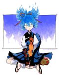  1boy blue_hair dated indian_style japanese_clothes l_hakase looking_at_viewer male_focus no_socks sandals sayo_samonji sitting solo touken_ranbu twitter_username 