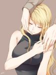  1girl bangs blonde_hair closed_eyes hand_on_another&#039;s_cheek hand_on_another&#039;s_face holding_hands long_hair milcho mole mole_under_eye sleeveless sleeveless_turtleneck smile solo swept_bangs tagme turtleneck 