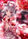  1girl ascot bat_wings brooch dress finger_in_mouth full_moon hat hat_ribbon jewelry kino_(kino_konomi) looking_at_viewer mob_cap moon night pink_dress puffy_short_sleeves puffy_sleeves red_eyes red_moon remilia_scarlet ribbon short_sleeves silver_hair sky solo touhou wings wrist_cuffs 