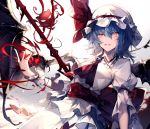  1girl ascot blue_hair fang gradient gradient_background hat hat_ribbon looking_at_viewer lowres mob_cap nekonabe_ao open_mouth puffy_sleeves red_eyes remilia_scarlet ribbon sash shirt short_hair short_sleeves skirt skirt_set slit_pupils smile solo spear_the_gungnir touhou wide_sleeves wrist_cuffs 