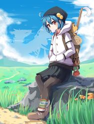  1girl alternate_costume backpack bag black_legwear bubblegum casual hands_in_pockets hat highres hinanawi_tenshi hoodie pantyhose short_hair sitting_on_rock skirt solo soramuko touhou 