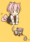  2girls :&lt; animal_ears arm_warmers black_skirt cat_ears cat_tail chibi grey_hair hair_ornament kantai_collection kasumi_(kantai_collection) kemonomimi_mode multiple_girls pink_hair pleated_skirt school_uniform shiranui_(kantai_collection) short_sleeves sitting skirt sunshinek tail |_| 