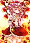  1girl apple blonde_hair dress flandre_scarlet food fork fruit hat hat_ribbon honey honeypot jaku_sono kneeling licking_lips mob_cap oversized_object pointy_ears puffy_short_sleeves puffy_sleeves red_dress red_eyes ribbon short_sleeves smile solo tongue tongue_out touhou wings wrist_cuffs 