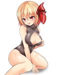 1girl :p ahoge blonde_hair blush breasts cleavage cleavage_cutout front_zipper_swimsuit hair_ribbon large_breasts looking_at_viewer one-piece_swimsuit open_mouth red_eyes ribbon roro_(sghona10) rumia short_hair simple_background smile solo swimsuit tongue tongue_out touhou unzipped white_background zipper 