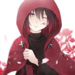  1girl blood grey_eyes highres hood one_eye_closed petals ruby_rose rwby short_hair solo tears toki_(toki-master) 