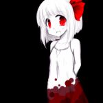  1girl :d black_background blood bloody_clothes bob_cut chemise collarbone fang hair_ribbon iruru5666 looking_at_viewer open_mouth petite red_eyes ribbon rumia short_hair smile solo spot_color touhou 