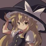  1girl blonde_hair expressionless grey_background hand_on_headwear hat hat_ribbon kirisame_marisa long_hair looking_at_viewer lowres puffy_short_sleeves puffy_sleeves ribbon ryogo short_sleeves simple_background solo touhou upper_body vest witch_hat yellow_eyes 