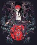  1boy akashi_seijuurou belt evil_smile floral_background flower full_body heterochromia highres kuroko_no_basuke looking_at_viewer male_focus necktie red_eyes redhead shirt sitting slit_pupils smile solo tulip violet_eyes yowoshinobukarinosugata 