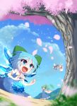  5girls black_hair blonde_hair blue_dress blue_eyes blue_sky bow cherry_blossoms cirno clouds daiyousei dress fairy fairy_wings fang flying_sweatdrops green_hair hair_bow hair_ribbon hat ice ice_sculpture ice_wings kuresento luna_child multiple_girls open_mouth petals puffy_short_sleeves puffy_sleeves ribbon shirt short_sleeves side_ponytail sky smile star_sapphire sunny_milk touhou tree white_dress wings 