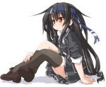  1girl :o asymmetrical_legwear black_hair black_legwear black_skirt blush dd_(ijigendd) hatsushimo_(kantai_collection) headband kantai_collection loafers long_hair low-tied_long_hair open_mouth orange_eyes pleated_skirt remodel_(kantai_collection) shoes short_sleeves simple_background single_thighhigh sitting skirt solo thigh-highs white_background 