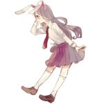  1girl animal_ears full_body jpeg_artifacts kneehighs lavender_hair long_hair long_sleeves necktie open_mouth profile rabbit_ears red_eyes reisen_udongein_inaba shirt shoes simple_background skirt solo touhou white_background white_legwear yujup 