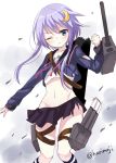  1girl blue_eyes hair_ornament harimoji kantai_collection long_hair one_eye_closed purple_hair school_uniform serafuku skirt solo torn_clothes turret yayoi_(kantai_collection) 