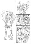  3koma angry bbb_(friskuser) breast_envy comic highres kaga_(kantai_collection) kantai_collection monochrome platform_footwear ryuujou_(kantai_collection) standing thigh-highs translation_request 