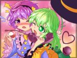  +++ 2girls blouse blush blush_stickers border flying_sweatdrops frilled_sleeves frills gradient gradient_background green_eyes green_hair hand_on_another&#039;s_shoulder hat hat_removed headwear_removed heart komeiji_koishi komeiji_satori lavender_hair light_particles long_sleeves looking_at_another multiple_girls nomayo one_eye_closed open_mouth phone short_hair siblings sisters skirt surprised third_eye touhou violet_eyes wide_sleeves 
