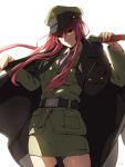  1girl belt hat jacket_on_shoulders katana long_hair milcho military military_uniform over_shoulder peaked_cap pink_hair red_eyes sheath sheathed skirt smile solo sword tagme thigh-highs uniform weapon weapon_over_shoulder wind 