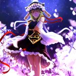  1girl backlighting cherry_blossoms cherry_trees cowboy_shot detached_sleeves full_moon green_eyes green_hair highres ibitsu looking_at_viewer moon night night_sky petals ribbon-trimmed_sleeves ribbon_trim rod_of_remorse serious shiki_eiki skirt sky solo star_(sky) starry_sky touhou upskirt 