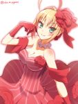  1girl ahoge alternate_costume blonde_hair breasts cleavage dress fate/extra fate_(series) flower gloves green_eyes hair_flower hair_ornament ookami_maito red_dress saber_extra solo 