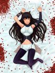  1girl absurdres arms_up black_hair black_legwear blake_belladonna bow hair_bow highres lasterk long_hair looking_at_viewer lying navel on_back pantyhose petals rwby smile solo yellow_eyes 