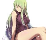  1girl breasts china_dress chinese_clothes dress earrings elf eyeshadow green_eyes green_hair hoshino_kaoru jewelry large_breasts long_hair looking_at_viewer makeup original pointy_ears purple_dress sitting sleeveless sleeveless_dress smile solo thighs very_long_hair white_background 