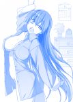  1girl blue breasts clock himura_kiseki large_breasts long_hair open_clothes solo tears waking_up yawning 