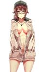  1girl breasts brown_eyes brown_hair glasses hands_in_pockets hat highres iron_cross jewelry naked_coat navel necklace original packge solo standing 