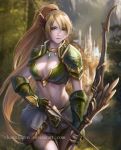  1girl armor arrow bikini_armor blonde_hair bow_(weapon) breasts chaosringen cleavage cowboy_shot fantasy fingerless_gloves forest gauntlets gloves green_eyes holding jewelry large_breasts lips long_hair looking_at_viewer microskirt midriff nature navel necklace nose original outdoors pauldrons ponytail pov realistic skirt smile solo very_long_hair water watermark weapon web_address 