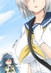  2girls black_hair breast_envy breasts fuuma_nagi hamakaze_(kantai_collection) hand_on_own_chest impossible_clothes kantai_collection katsuragi_(kantai_collection) large_breasts multiple_girls out_of_frame ponytail school_uniform serafuku shaded_face short_hair silver_hair 