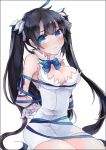  1girl bdsm black_hair blue_eyes breasts cleavage dungeon_ni_deai_wo_motomeru_no_wa_machigatteiru_darou_ka hair_ribbon hestia_(danmachi) highres long_hair looking_at_viewer rei_no_himo ribbon simple_background solo twintails white_background yok01 