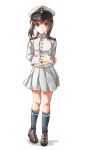  1girl adapted_uniform alternate_costume arms_behind_back brown_hair epaulettes fubuki_(kantai_collection) full_body green_eyes hat highres kantai_collection kneehighs light_smile loafers longmei_er_de_tuzi looking_at_viewer midriff military military_uniform navel payot peaked_cap shoes simple_background skirt solo uniform white_background 