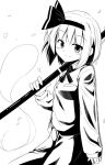  1girl hairband katana kazawa_(tonzura-d) konpaku_youmu konpaku_youmu_(ghost) monochrome sheath sheathed shirt short_hair skirt smile sword touhou vest weapon 