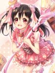 1girl absurdres black_hair bow cake food food_as_clothes hair_bow highres love_live!_school_idol_project open_mouth racket_ti1 red_eyes short_hair smile solo staff twintails yazawa_nico 