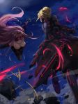  2girls armor blonde_hair breasts chain dark_excalibur dress fate/stay_night fate_(series) long_hair looking_at_another multiple_girls purple_hair rider saber saber_alter sword type-moon very_long_hair weapon werkbau 