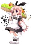  1girl ahoge apron blush bowtie carrot dress food gloves hair_ribbon hoihoi-san ichigeki_sacchuu!!_hoihoi-san insect kurusu_(amamura) long_hair looking_at_viewer maid pink_hair ribbon simple_background solo standing_on_one_leg trembling violet_eyes white_background white_gloves 