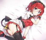  1girl black_legwear blush bow cat_tail cozyquilt hair_bow looking_at_viewer love_live!_school_idol_project lying nishikino_maki on_side redhead short_hair short_sleeves solo tail tail_bow thigh-highs violet_eyes wrist_cuffs 