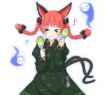  &gt;_&lt; 1girl :3 animal_ears blue_fire braid cat_ears cat_tail dress extra_ears fire floating_skull green_dress instrument juliet_sleeves kaenbyou_rin long_hair long_sleeves maracas mofu_mofu multiple_tails musical_note puffy_sleeves redhead solo tail touhou twin_braids 