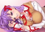  1girl breasts cleavage fate/stay_night fate_(series) gradient gradient_background hair_ribbon large_breasts long_sleeves looking_at_viewer lying matou_sakura matsuryuu on_side open_clothes open_shirt parted_lips purple_hair red_ribbon ribbon school_uniform shirt smile solo vest violet_eyes 