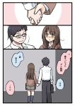  1boy 1girl bag black_hair blush brown_eyes brown_hair collared_shirt comic commentary_request couple facial_hair glasses holding_hands looking_at_another mikkii original pants school_bag school_uniform shirt skirt smile stubble translation_request white_shirt 