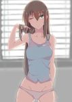  1girl brown_hair green_eyes idolmaster idolmaster_cinderella_girls long_hair one_eye_closed panties saisarisu shibuya_rin solo tank_top underwear 