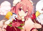  1girl bandages bird bun_cover candy_apple chinese_clothes corn cotton_candy dango double_bun drooling eagle eating flower food ibaraki_kasen pink_eyes pink_hair raijuu rose short_hair tabard tama_(soon32281) touhou wagashi 